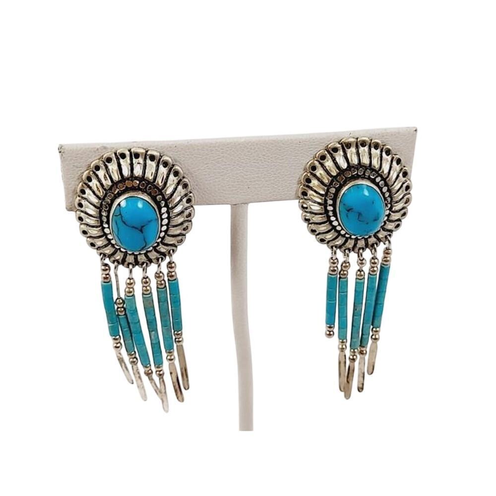 Silver Cloud Inc. Sterling Silver Concho Turquoise Fringe Clip Earrings